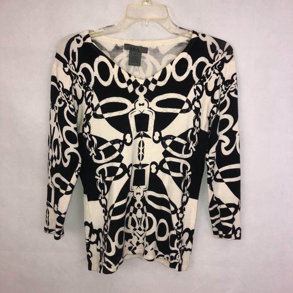 ISA Black/White Ring Sequin Knit Sweater Size PM